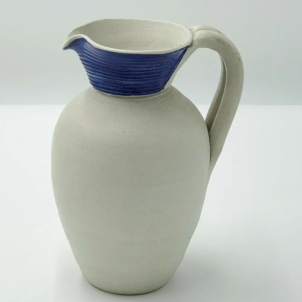 Williamsburg Pottery Country Style Pitcher Vase Cobalt Blue Flowers Stamped VTG